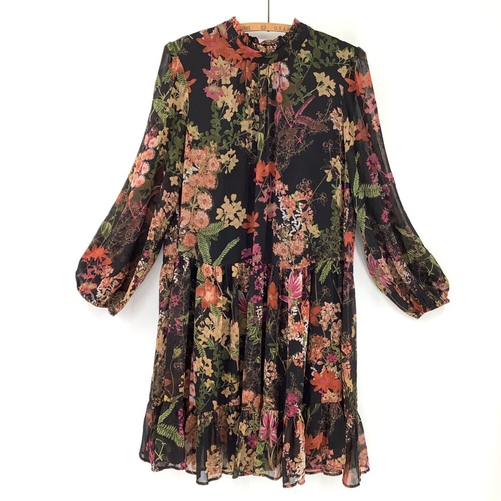 Melonie T High Ruffle Collar Dress Size 12 Black Floral Multicolor Whimsigoth